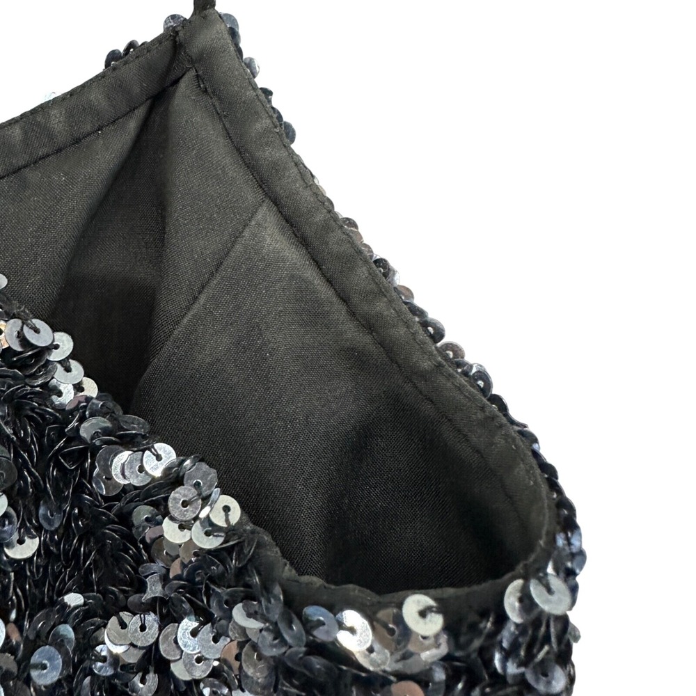 Vintage 90s Cache Sequin Top Party Asymmetric Tank Black Silver M Glam Rock - Picture 3 of 8